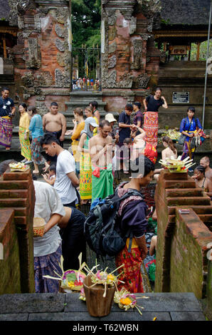 Pura Tirta Empul, Balinesische und Touristen im heiligen Wasser, Ubud, Bali, Indonesien Stockfoto