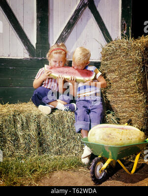 1960 blonde junge Mädchen Bruder und Schwester saß auf dem Ballen Heu gemeinsam essen große Scheibe Wassermelone AUSSERHALB DER SCHEUNE SOMMERZEIT - kf 3084 HAR 001 HARS TEAMARBEIT LIFESTYLE FRAUEN BRÜDER SCHEUNE LÄNDLICHE KOPIE RAUM MÄNNER GESCHWISTER SCHWESTERN LANDWIRTSCHAFT SOMMER SLICE GLÜCK KOPF UND SCHULTERN UND DER GESCHWISTER WASSERMELONE KONZEPTIONELLE STILVOLLE BALE BLUE JEANS ZUSAMMENARBEIT JUGENDLICHE LÖSUNGEN KAUKASISCHEN ETHNIE HAR 001 ALTMODISCH Stockfoto