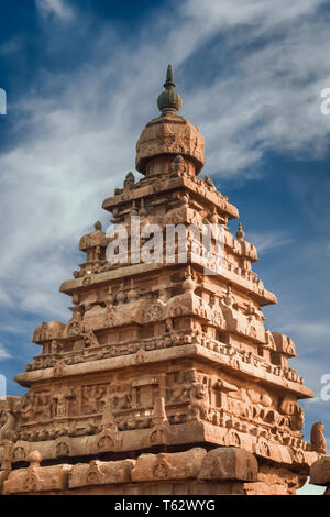 Berühmten hinduistischen Heiligtum Shore Tempel, Weltwunder und alten Weltkulturerbe Mahabalipuram, Tamil Nadu großen religiösen Architektur. Indien Stockfoto