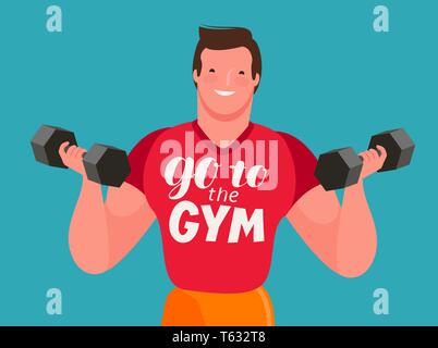 Mann mit Hanteln in den Händen. Fitnessraum, cartoon Vector Illustration Stock Vektor