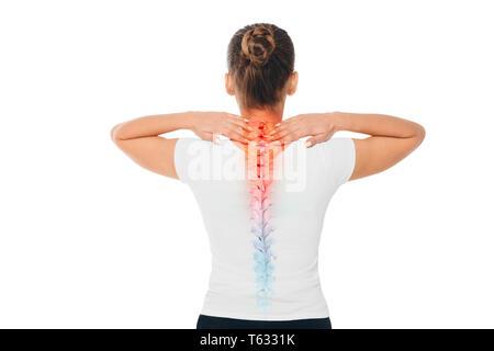 Schmerzen in der Wirbelsäule. Composite von Bild der Wirbelsäule und der weiblichen zurück mit Rückenschmerzen. Stockfoto
