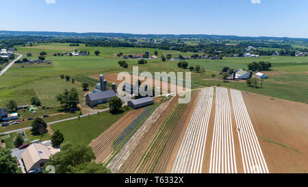 Luftaufnahme von Amish Farm Land und Landschaft an einem sonnigen Tag Stockfoto