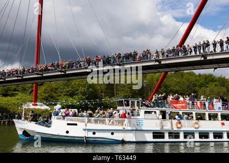 Gelsenkirchen, Deutschland. 28. April 2019. Der KulturKanal Schiff Parade findet am Rhein-Herne-Kanal (Rhein-Herne-Kanal) im Nordsternpark. Stockfoto