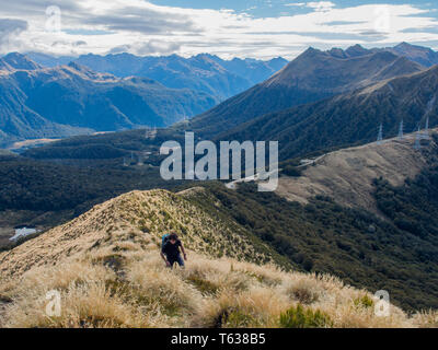 Man trekking, ridge, Strommasten in der Entfernung, Mt Verbrennungen Track, Borland Straße, Fiordland National Park, Southland, Neuseeland Stockfoto