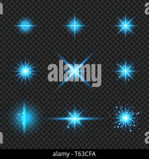 Satz von Elementen leuchtende blaue Licht Strahlen, Burst, Sterne Bursts mit funkelt auf transparentem Hintergrund isoliert. Vector Illustration Stock Vektor