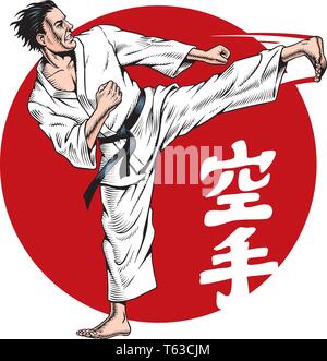 Karate kick. Kampfsportarten Inschrift auf der Abbildung ist eine Hieroglyphen des Karate, Japanisch. Vector Illustration Stock Vektor