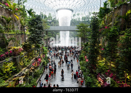 28.04.2019, Singapur, Republik Singapur, Asien - Innenansicht des neuen Juwel Terminal am Flughafen Changi mit Wasserfall und Wald Tal. Stockfoto