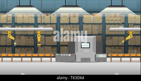 Automatisierung Fabrik mit Roboterarme, Maschine und Förderband flache Design Vector Illustration Stock Vektor