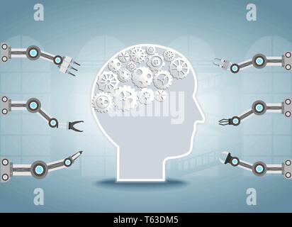 Smart Factory Konzept mit Roboterarmen und ai Gehirn Vector Illustration Stock Vektor