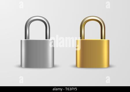 Vector 3d Realistische geschlossen Metall Goldenen und Silbernen Vorhängeschloss Set Closeup isoliert auf weißem Hintergrund. Design Template von Gold, Stahl Sperre für Stock Vektor