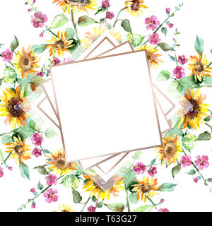 Sonnenblume strauß blumen botanischen Blumen. Aquarell Hintergrund Abbildung. Rahmenlinie ornament Quadrat. Stockfoto