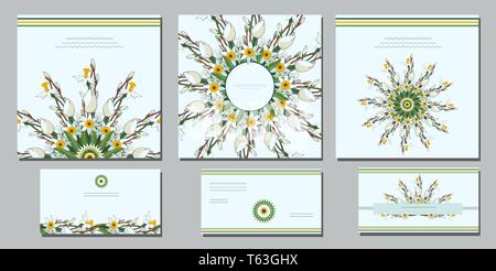 Satz von Vektorkarten mit Mandalas. Vorlagen mit Narzissen. Blumenschmuck. Visitenkarten. EPS 10. Stock Vektor