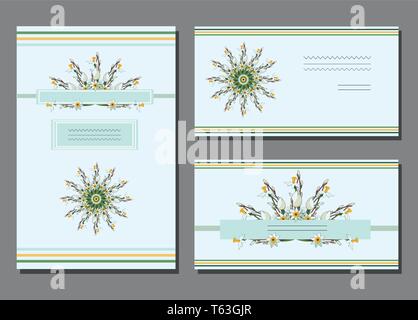 Satz von Vektorkarten mit Mandalas. Vorlagen mit Narzissen. Blumenschmuck. Visitenkarten. EPS 10. Stock Vektor