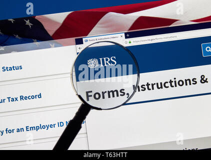 MONTREAL, KANADA - 24 April 2019: IRS Formulare und Hinweise für die USA-Regierung home page unter der Lupe. IRS.com ist eine offizielle Website von Int Stockfoto