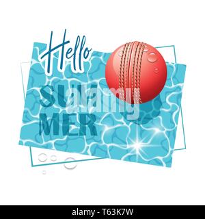 Hallo Sommer. Solar Wasser Oberfläche mit einem Cricket ball und Wassertropfen. Blick von oben. Vector Illustration. Stock Vektor