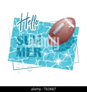 Hallo Sommer. Solar Wasser Oberfläche mit einem American Football ball und Wassertropfen. Blick von oben. Vector Illustration. Stock Vektor