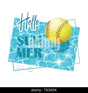 Hallo Sommer. Solar Wasser Oberfläche mit einem Softball ball und Wassertropfen. Blick von oben. Vector Illustration. Stock Vektor