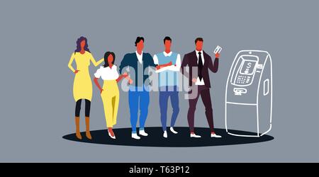 Lässige Leute stehen in der Linie in die Warteschlange für Bargeldbezug in atm Automatic Teller Machine bank Clients mittels Kreditkarte Skizze doodle horizontal Stock Vektor