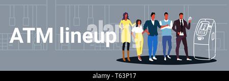 Lässige Leute stehen in der Linie in die Warteschlange für Bargeldbezug in atm Automatic Teller Machine bank Clients mittels Kreditkarte Skizze doodle horizontal Stock Vektor