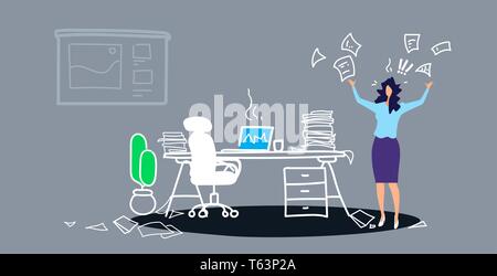 Unzufrieden Frau boss werfen papers Dokumente bei der Arbeit Konzept wütend Geschäftsfrau Arbeitgeber müde betonte in der Nähe von Arbeitsplatz Büro Stock Vektor