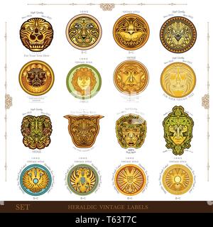 Einstellen der Farbe vintage royal Etiketten mit Löwen Adler und Mann Gesicht Stock Vektor