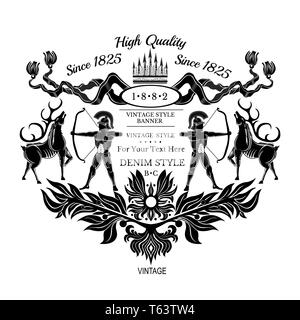 Krieger oder Jäger Bogenschießen im Hirsch. Vintage Gravur Label auf weißem Stock Vektor