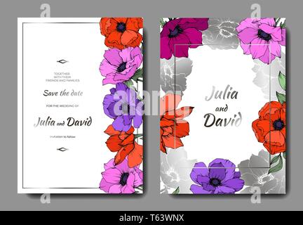 Anemone Blumen botanischen Blumen. Schwarz und weiß eingraviert Tinte Art Hochzeit hintergrund Karte Blumen dekorativ Grenze. Stock Vektor