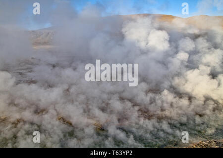 Sie haben am Tag Pause der Dampf aus den heißen Quellen der El Tatio Geysir Feld in der chilenischen Atacama Wüste hoch zu schätzen. Stockfoto