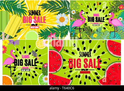 Abstrakte Summer Sale Hintergrund mit Palmblättern und Flamingo Vorlage Sammlung eingestellt. Vector Illustration Stock Vektor