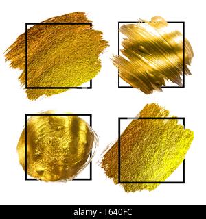 Golden Grunge Pinsel Farbe Tinte Anschlag mit quadratischen Rahmen Hintergründe gesetzt. Vector Illustration Stock Vektor