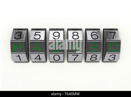 3D-Illustration: Ansicht schließen aus Metall 6-stelliges Zahlenschloss mit schwarzen Zahlen und grüner Text "gehackt", auf weißem Hintergrund, www-Konzept Stockfoto