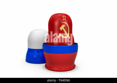 3D-Illustration: matrjoschka mit der Flagge der UDSSR in einem offenen Verschachtelung Puppe der Russischen Föderation, auf weißem Hintergrund. Ein politisches Konzept Stockfoto