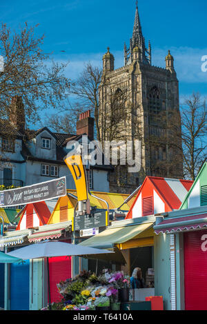 Bunte Marktstände von Norwich City Markt mit St Peter Mancroft Kirche nach hinten. Norfolk, East Anglia, England, UK. Stockfoto