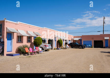 Historische Blaue Schwalbe Motel am U.S. Highway 66 in Tucuncari, New Mexico, USA Stockfoto