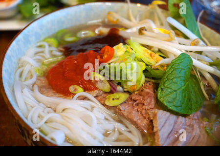 Pho Bo - Lecker Rindfleisch und Huhn Nudeln Suppen asiatische Küche berühmte vietnamesische Küche mit Rinderbrühe Frühlingszwiebel hoisin Sauce Sojasauce chilly Kraut Stockfoto