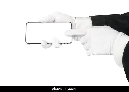 Mann in Anzug und weissen Handschuhen mit Smart Phone. In Weiß mit Freistellungspfad isoliert, kopieren Sie Platz auf dem Bildschirm des Smartphones Stockfoto