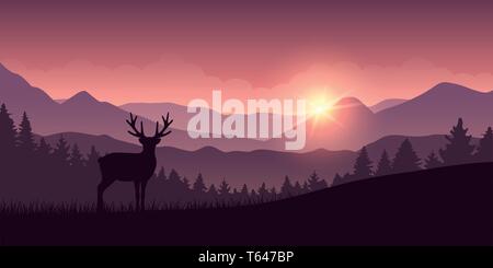 Rentier in die Berge mit Wald landschaft Vektor-illustration EPS 10. Stock Vektor