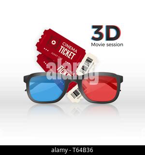 Zwei Kinokarten eine 3D-Brille aus Kunststoff mit roten und blauen Glas. Vector Illustration Stock Vektor