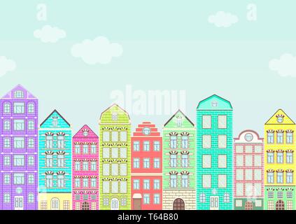 Nahtlose Grenze mit bunten Häusern, städtische Landschaft, Stadt, Hintergrund. Süße bunte helle Europäischen gemauerte Häuser in der Zeile mit blauen Himmel stehen und Stock Vektor