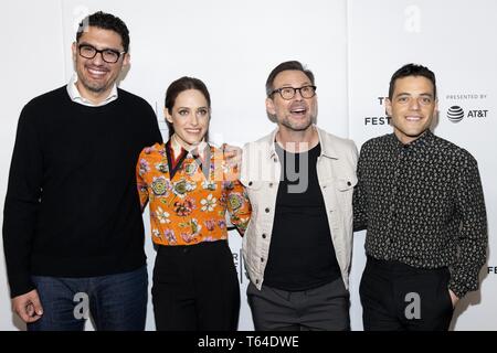 New York, NY, USA. 28 Apr, 2019. SAM ESMAIL, CARLY CHAIKIN, CHRISTIAN SLATER, und RAMI MALEK im Tribeca Film Festival roter Teppich Ankünften für Tribeca Gespräche -'' ein Abschied von Herrn Roboter'' der ''Spring Studio - Das Marriott Bonvoy grenzenlos Theater von Chase'' in New York City am 28. April 2019 Credit: Michael Brochstein/ZUMA Draht/Alamy leben Nachrichten Stockfoto