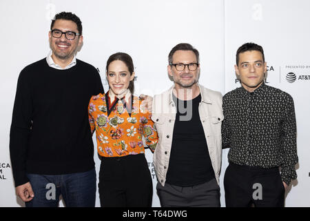 New York, NY, USA. 28 Apr, 2019. SAM ESMAIL, CARLY CHAIKIN, CHRISTIAN SLATER, und RAMI MALEK im Tribeca Film Festival roter Teppich Ankünften für Tribeca Gespräche -'' ein Abschied von Herrn Roboter'' der ''Spring Studio - Das Marriott Bonvoy grenzenlos Theater von Chase'' in New York City am 28. April 2019 Credit: Michael Brochstein/ZUMA Draht/Alamy leben Nachrichten Stockfoto