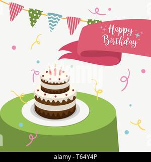 Happy Birthday Party Grußkarte mit Kuchen und Kerzen. Vector Illustration Stock Vektor