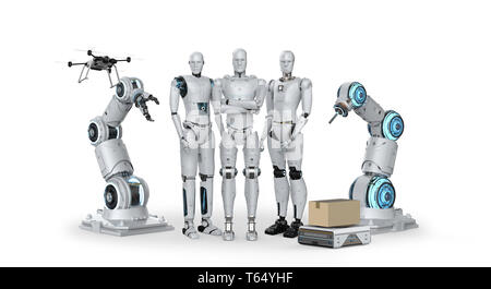 3D-Rendering Group der Automatisierung Roboter und Roboterarme Stockfoto