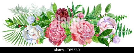 Aquarell Blumen. floraler Abbildung, Blätter und Knospen. Botanischer Zusammensetzung für Hochzeit oder Grußkarte. Niederlassung von Blumen - Abstraktion Rosen Stockfoto