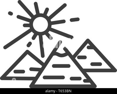 Drei Pyramiden im Hintergrund der sengenden Sonne flache Kontur Symbol von Ägypten Stock Vektor