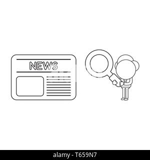 Vector Illustration Geschäftsmann Charakter holding Lupe und auf der Suche nach Zeitung. Schwarzer outline. Stock Vektor