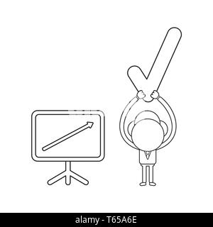 Vector Illustration Geschäftsmann Charakter mit einem Umsatz chart Pfeil nach oben und halten Sie die Häkchentaste. Schwarzer outline. Stock Vektor