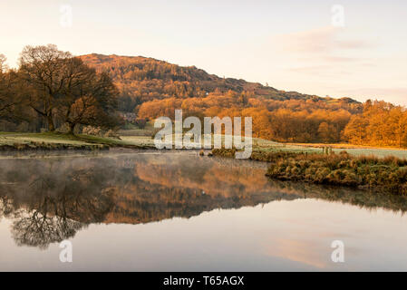 Einem nebligen Morgen auf dem Fluss Brathay in der Nähe von elterwater im Nationalpark Lake District, Cumbria England Großbritannien Stockfoto