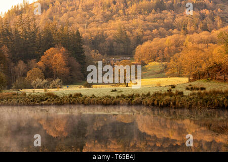 Einem nebligen Morgen auf dem Fluss Brathay in der Nähe von elterwater im Nationalpark Lake District, Cumbria England Großbritannien Stockfoto