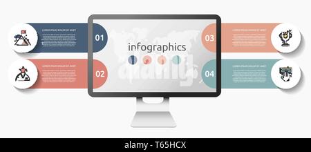 Moderne vektor Konzept monitor Infografik. Flache Vorlage angezeigt. Business Konzept mit 4 Optionen für Präsentation, Flow chart, Schritte, timeline Stock Vektor
